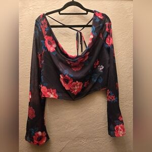 Fashion Nova Laina Floral Sheer Blouse | Cowl Neck | Tie-Back | Size M
